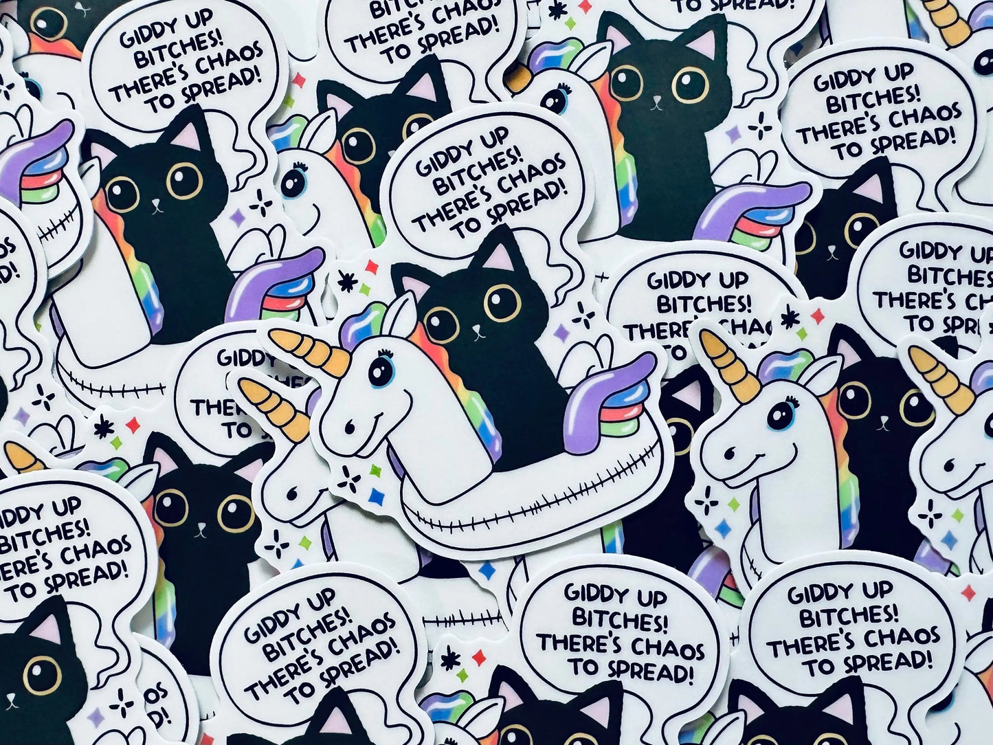 Giddy Up Bitches! There's Chaos to Spread Sticker, Black Cat Sticker, Unicorn Floatie Sticker, Chaos Creator Gift maedaymaedaymaeday
