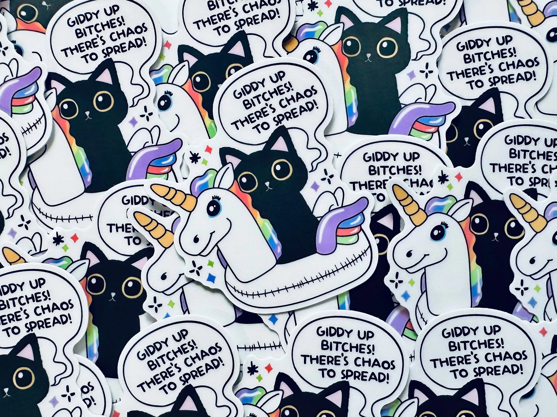 Giddy Up Bitches! There's Chaos to Spread Sticker, Black Cat Sticker, Unicorn Floatie Sticker, Chaos Creator Gift maedaymaedaymaeday