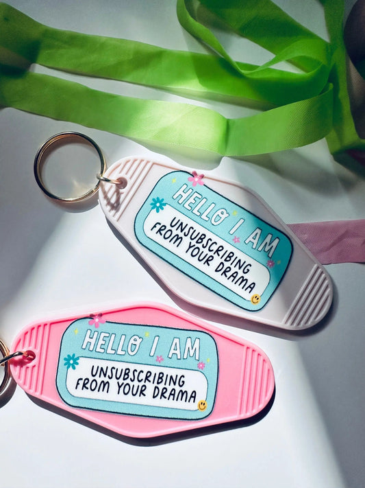 Hello, I am Unsubscribing From your Drama Retro Vintage Motel Keychain, Mental Health Awareness Cute Retro Hotel Keychain maedaymaedaymaeday