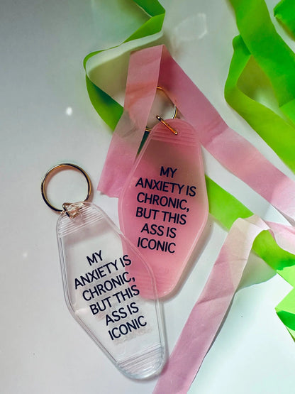 My Anxiety is Chronic, But this Ass is Iconic Retro Vintage Motel Keychain, Cute Retro Hotel Keychain maedaymaedaymaeday