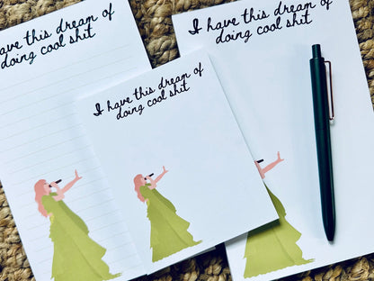 Pop Culture Queen Half (5.5x8.5") & Quarter Page Notepad, Folklore Notepad, Eras Merch, I have this Dream of Doing Cool Shit Notepad, The 1 maedaymaedaymaeday