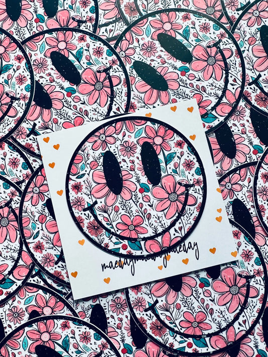 Round Distressed, Floral Smiley Sticker, Happy Days Sticker, Floral Sticker maedaymaedaymaeday