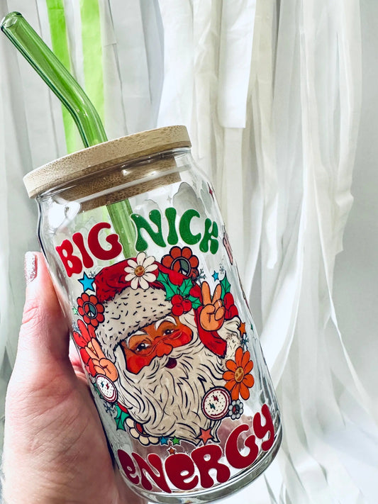 Big Nick Energy, St. Nick/Santa Inspired, Christmas & Holiday Cold Glass Beer Can with Lid & Straw - maedaymaedaymaeday