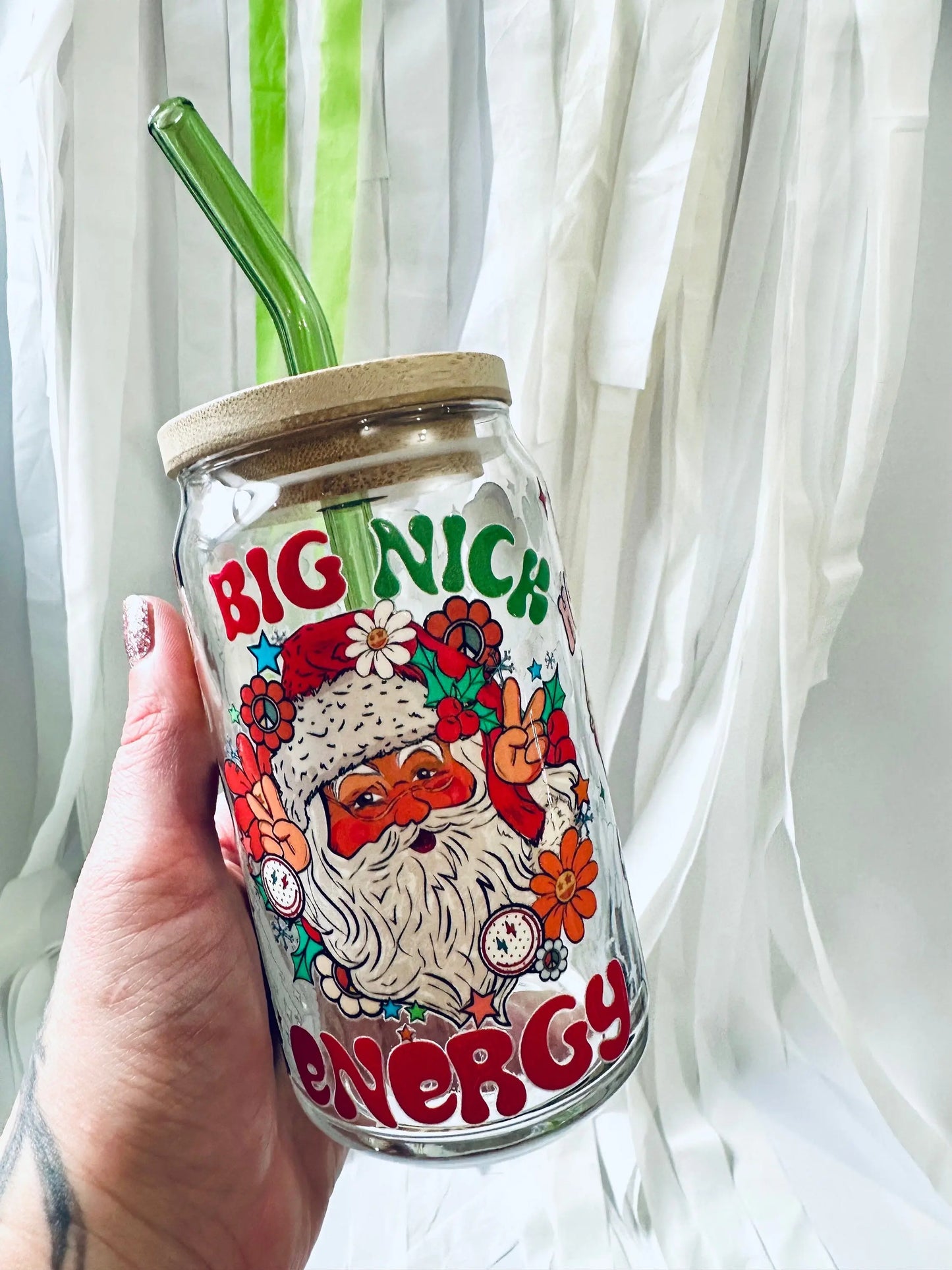 Big Nick Energy, St. Nick/Santa Inspired, Christmas & Holiday Cold Glass Beer Can with Lid & Straw - maedaymaedaymaeday