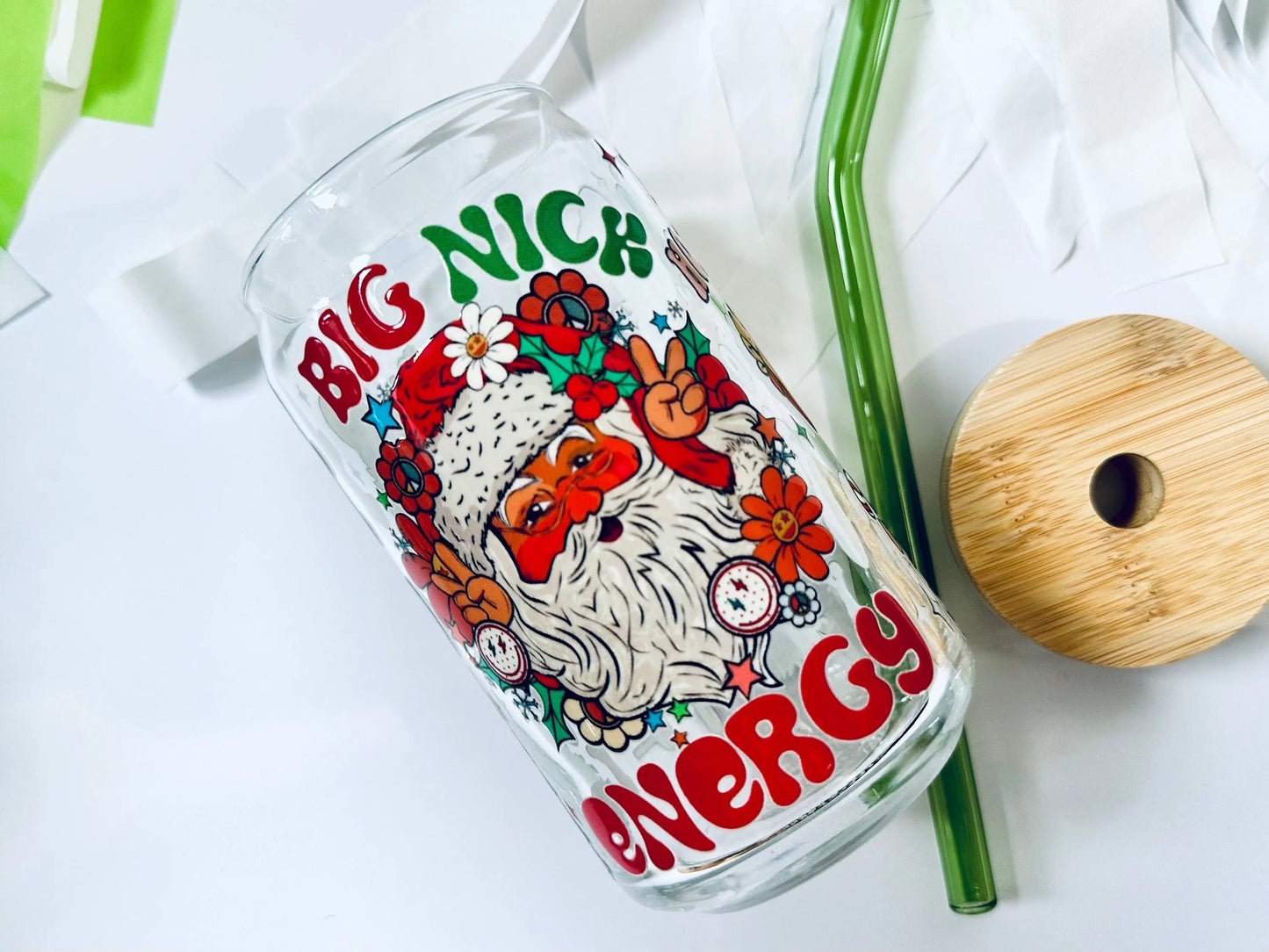 Big Nick Energy, St. Nick/Santa Inspired, Christmas & Holiday Cold Glass Beer Can with Lid & Straw - maedaymaedaymaeday