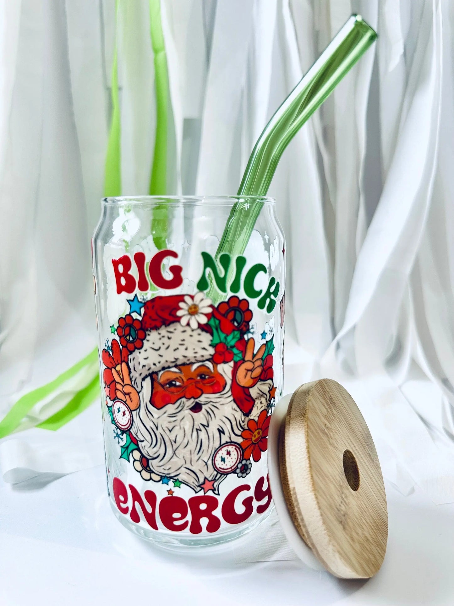 Big Nick Energy, St. Nick/Santa Inspired, Christmas & Holiday Cold Glass Beer Can with Lid & Straw - maedaymaedaymaeday