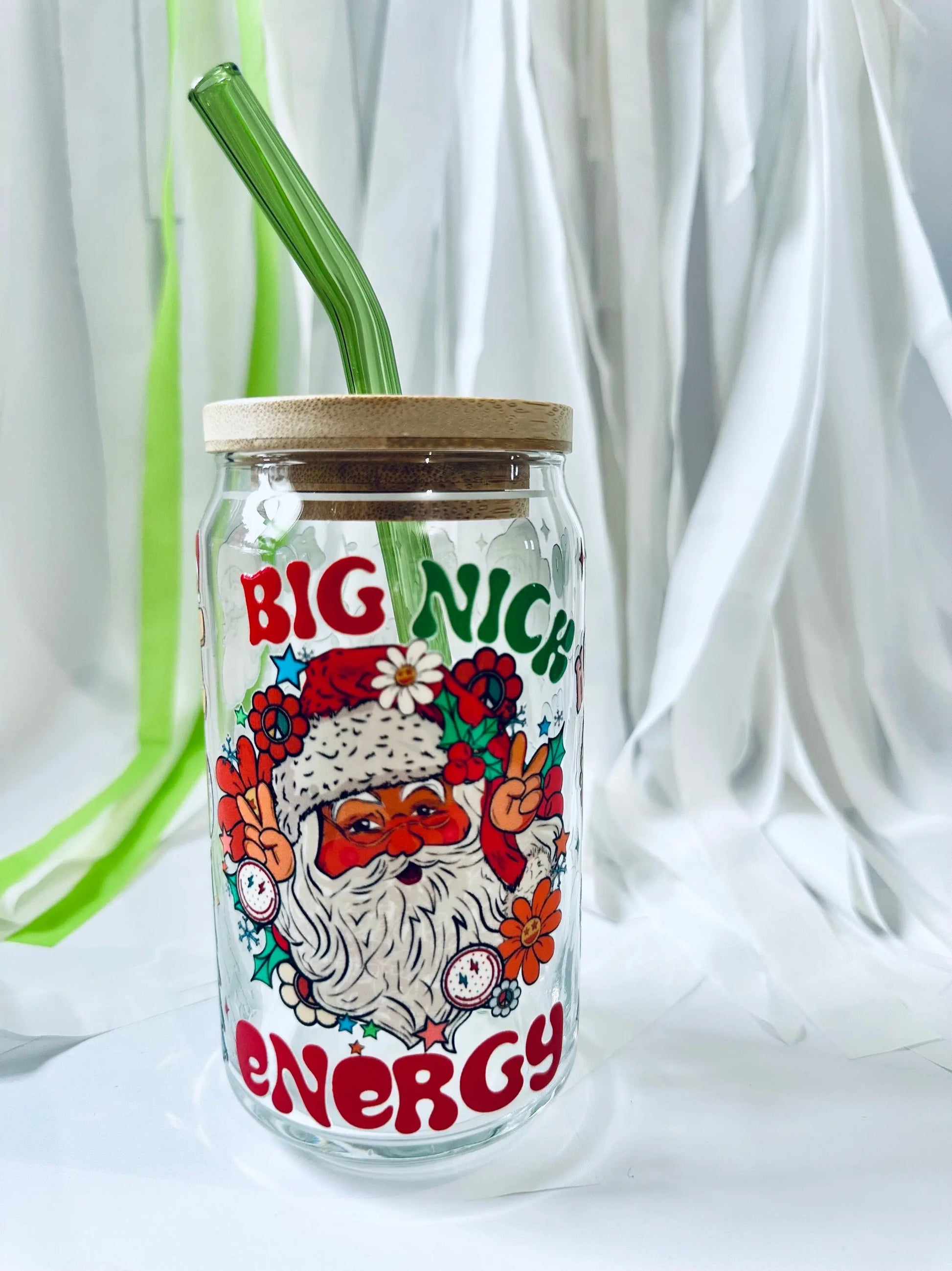 Big Nick Energy, St. Nick/Santa Inspired, Christmas & Holiday Cold Glass Beer Can with Lid & Straw - maedaymaedaymaeday