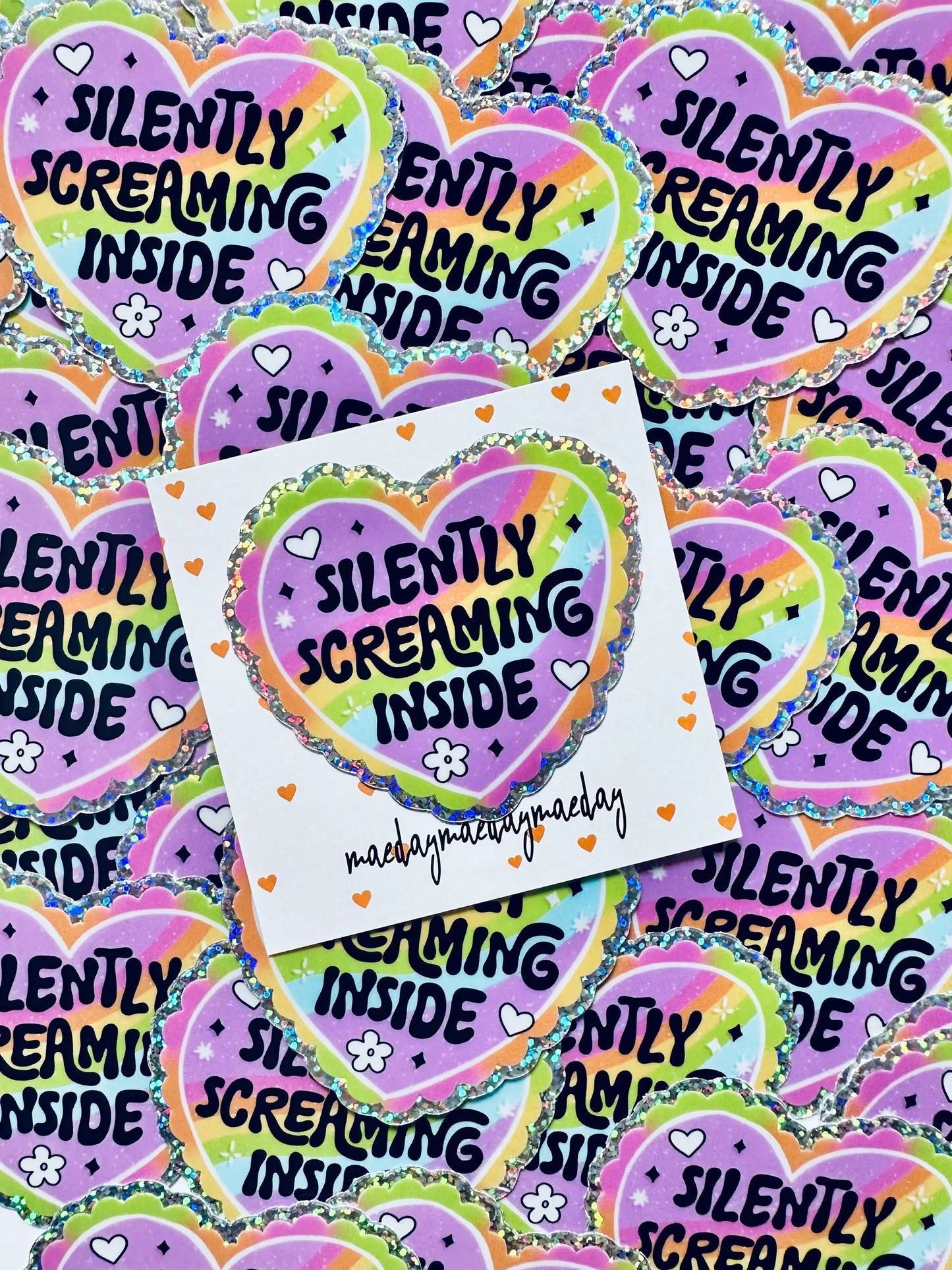 Silently Screaming Inside Sticker, Rainbow Heart Sticker, Holographic Glitter Sticker maedaymaedaymaeday