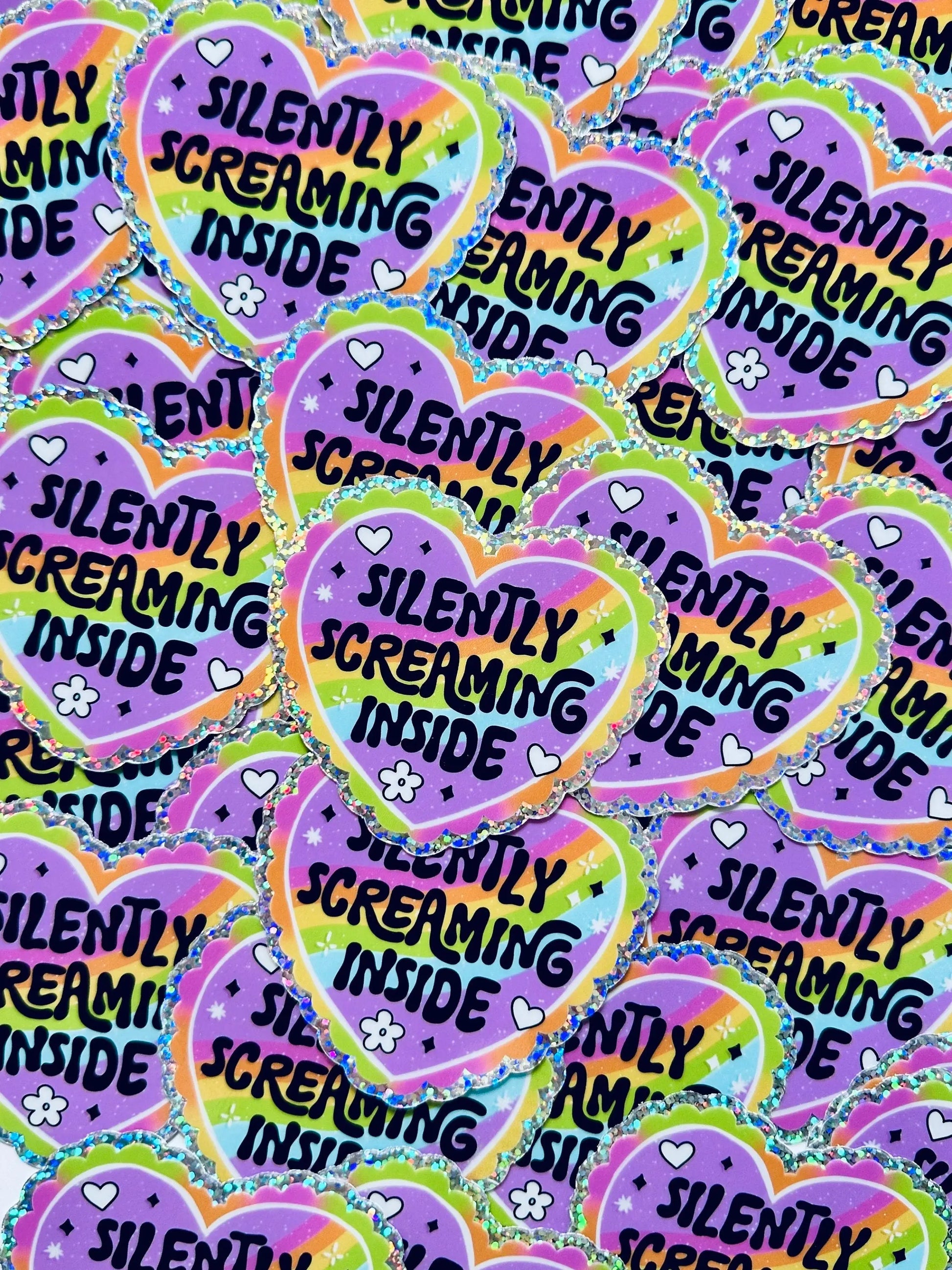 Silently Screaming Inside Sticker, Rainbow Heart Sticker, Holographic Glitter Sticker maedaymaedaymaeday