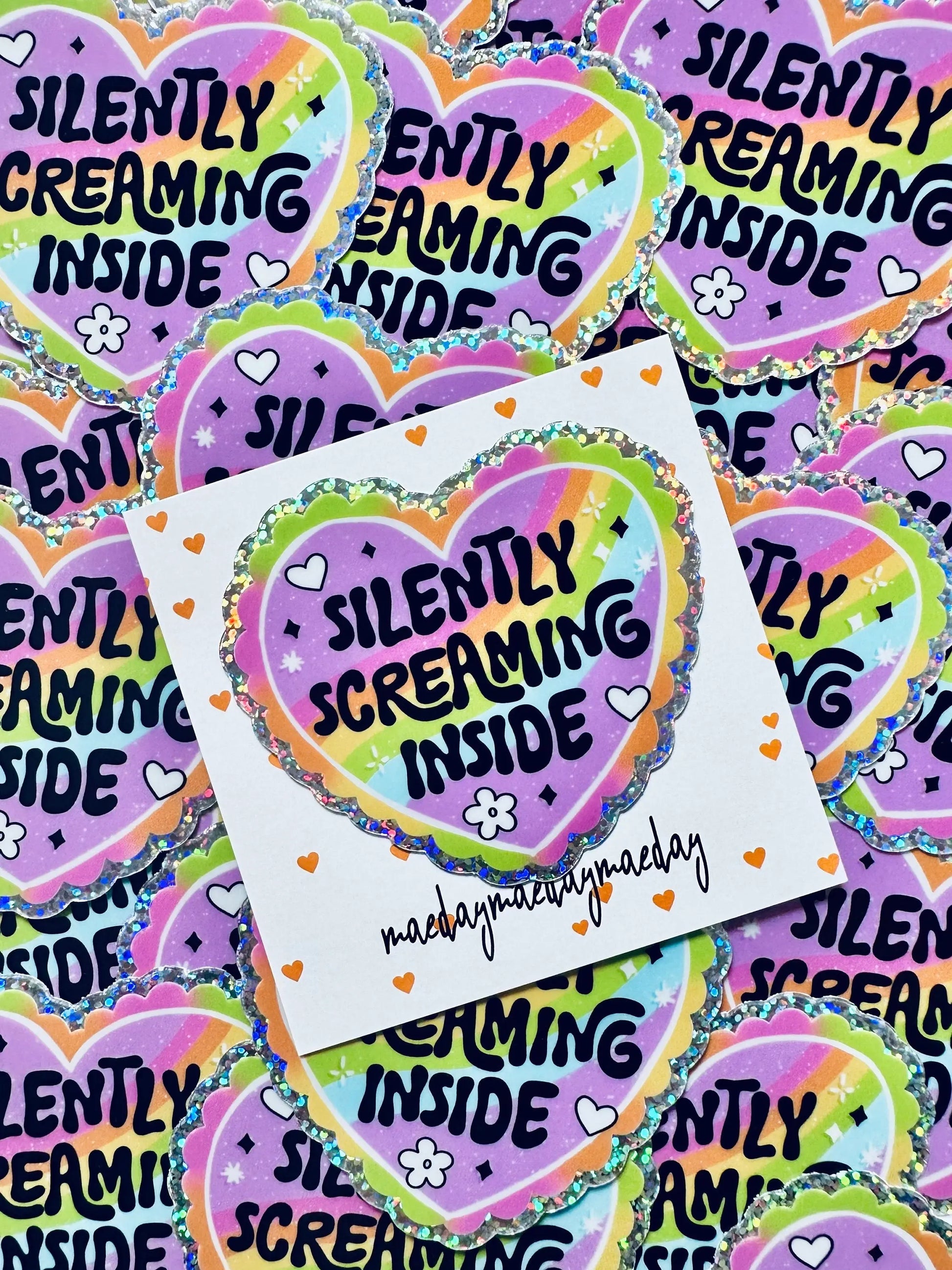 Silently Screaming Inside Sticker, Rainbow Heart Sticker, Holographic Glitter Sticker maedaymaedaymaeday