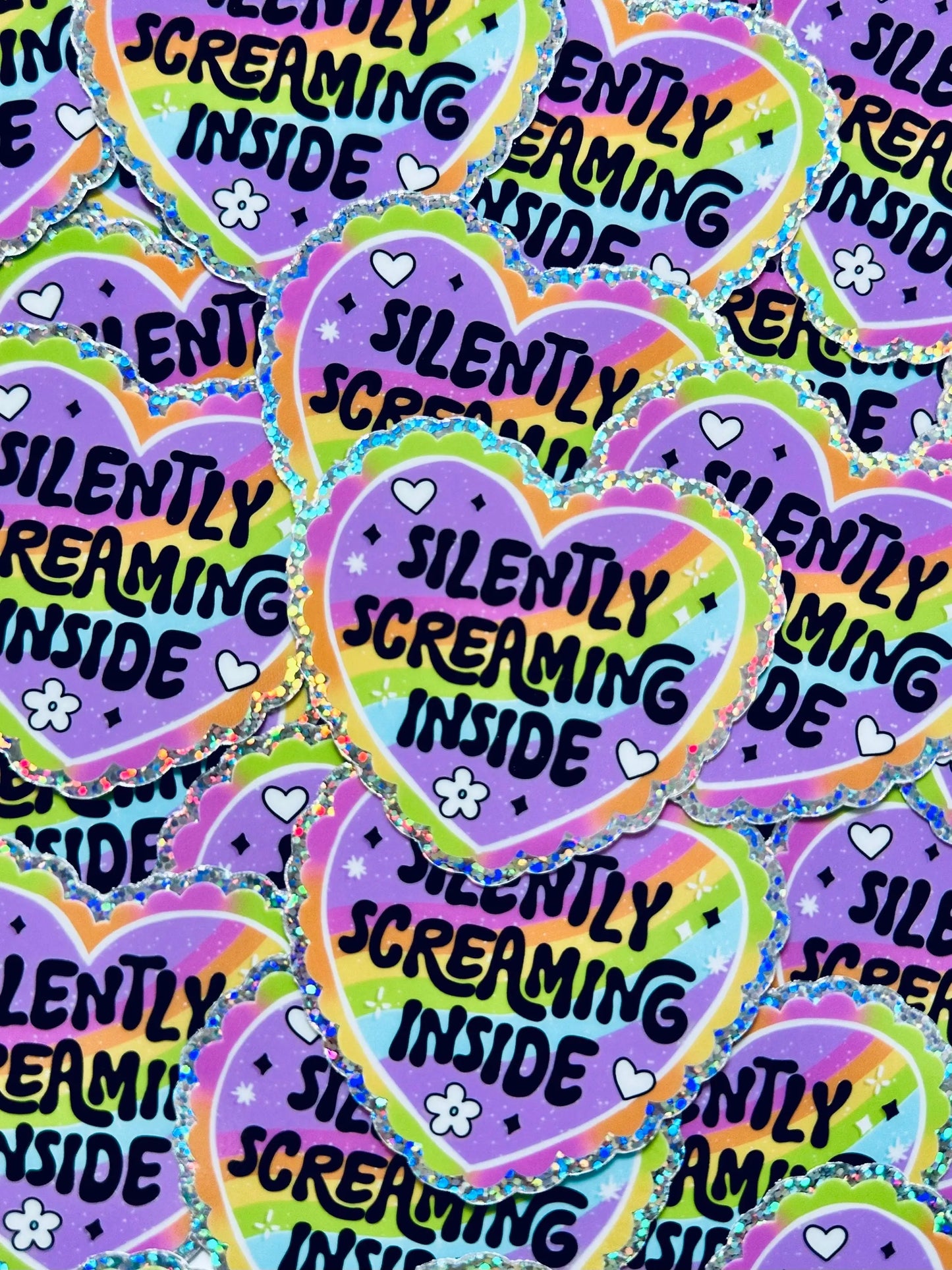 Silently Screaming Inside Sticker, Rainbow Heart Sticker, Holographic Glitter Sticker maedaymaedaymaeday