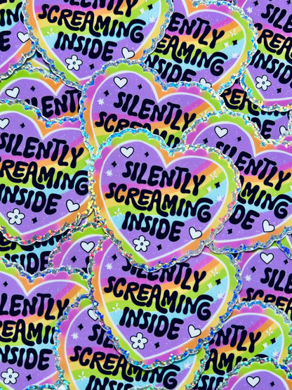 Silently Screaming Inside Sticker, Rainbow Heart Sticker, Holographic Glitter Sticker maedaymaedaymaeday