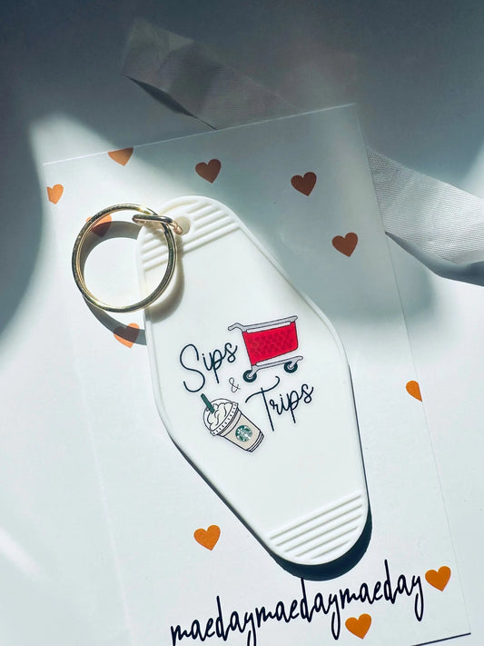 Sips & Trips Vintage Motel Keychain, Coffee and Shopping Retro Hotel Keychain maedaymaedaymaeday