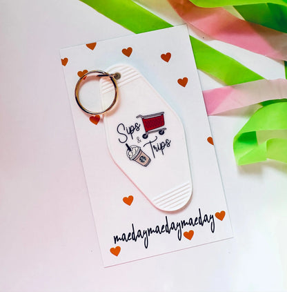 Sips & Trips Vintage Motel Keychain, Coffee and Shopping Retro Hotel Keychain maedaymaedaymaeday