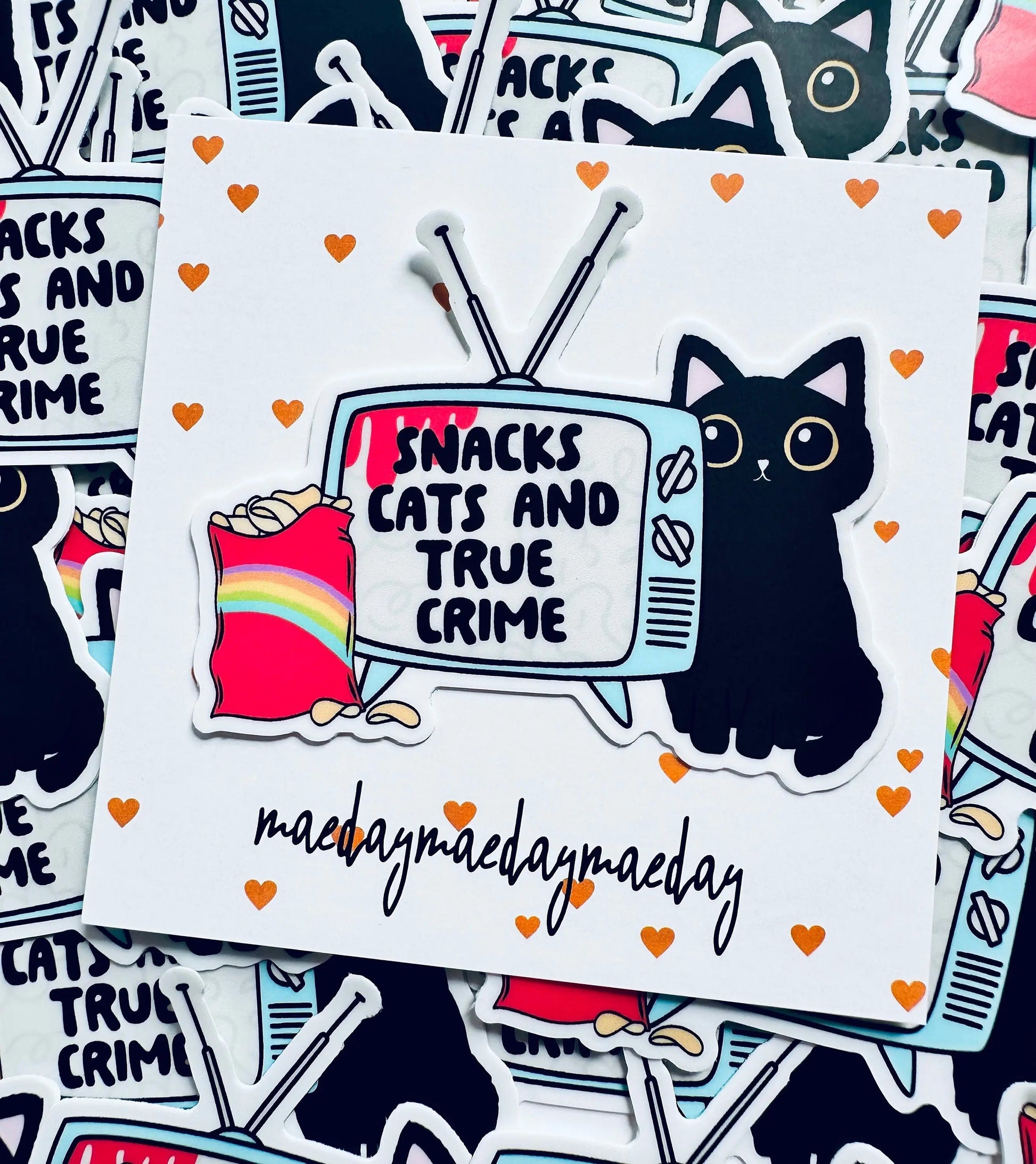 Snacks, Cats and True Crime Sticker, True Crime Addict Permanent Sticker, Trendy Sticker Kindle, Laptop, Water Bottle Sticker maedaymaedaymaeday