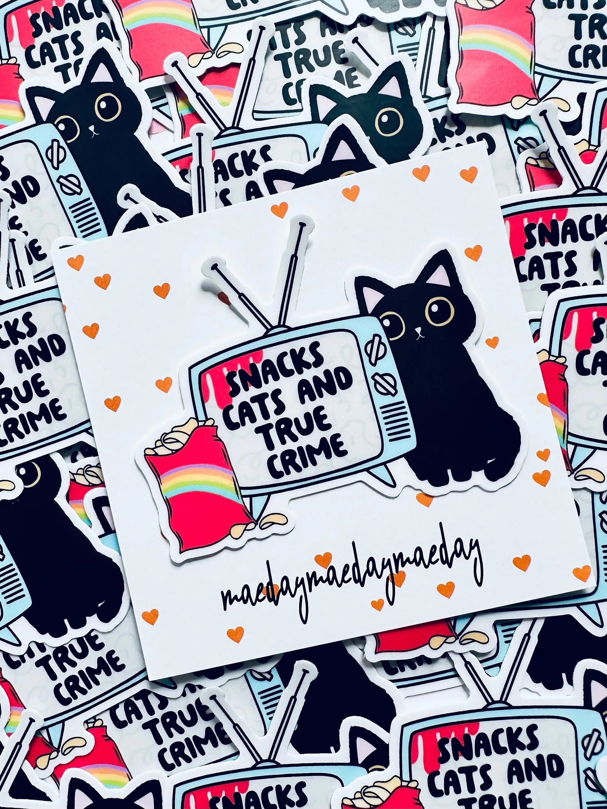 Snacks, Cats and True Crime Sticker, True Crime Addict Permanent Sticker, Trendy Sticker Kindle, Laptop, Water Bottle Sticker maedaymaedaymaeday