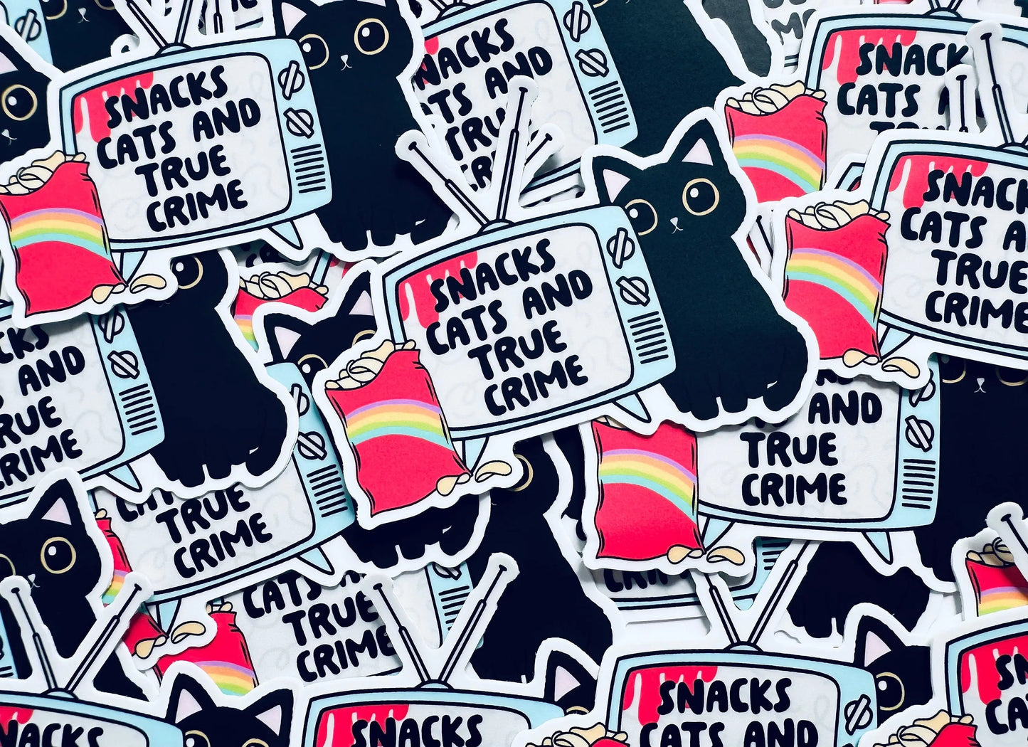 Snacks, Cats and True Crime Sticker, True Crime Addict Permanent Sticker, Trendy Sticker Kindle, Laptop, Water Bottle Sticker maedaymaedaymaeday