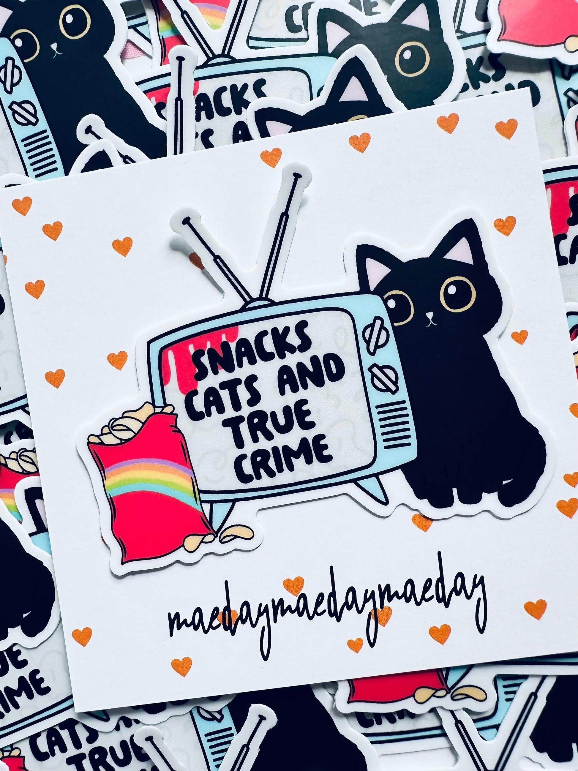 Snacks, Cats and True Crime Sticker, True Crime Addict Permanent Sticker, Trendy Sticker Kindle, Laptop, Water Bottle Sticker maedaymaedaymaeday