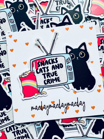 Snacks, Cats and True Crime Sticker, True Crime Addict Permanent Sticker, Trendy Sticker Kindle, Laptop, Water Bottle Sticker maedaymaedaymaeday