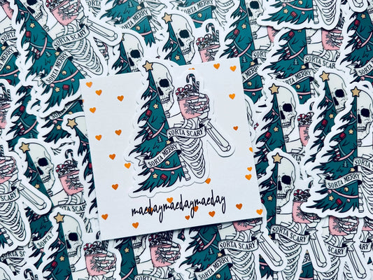 Sorta Merry, Sorta Scary Weatherproof Sticker, Funny Holiday, Christmas Season Sticker, Trendy Sticker for Kindle, Laptop, Water Bottle maedaymaedaymaeday