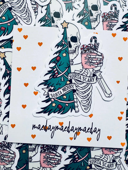 Sorta Merry, Sorta Scary Weatherproof Sticker, Funny Holiday, Christmas Season Sticker, Trendy Sticker for Kindle, Laptop, Water Bottle maedaymaedaymaeday