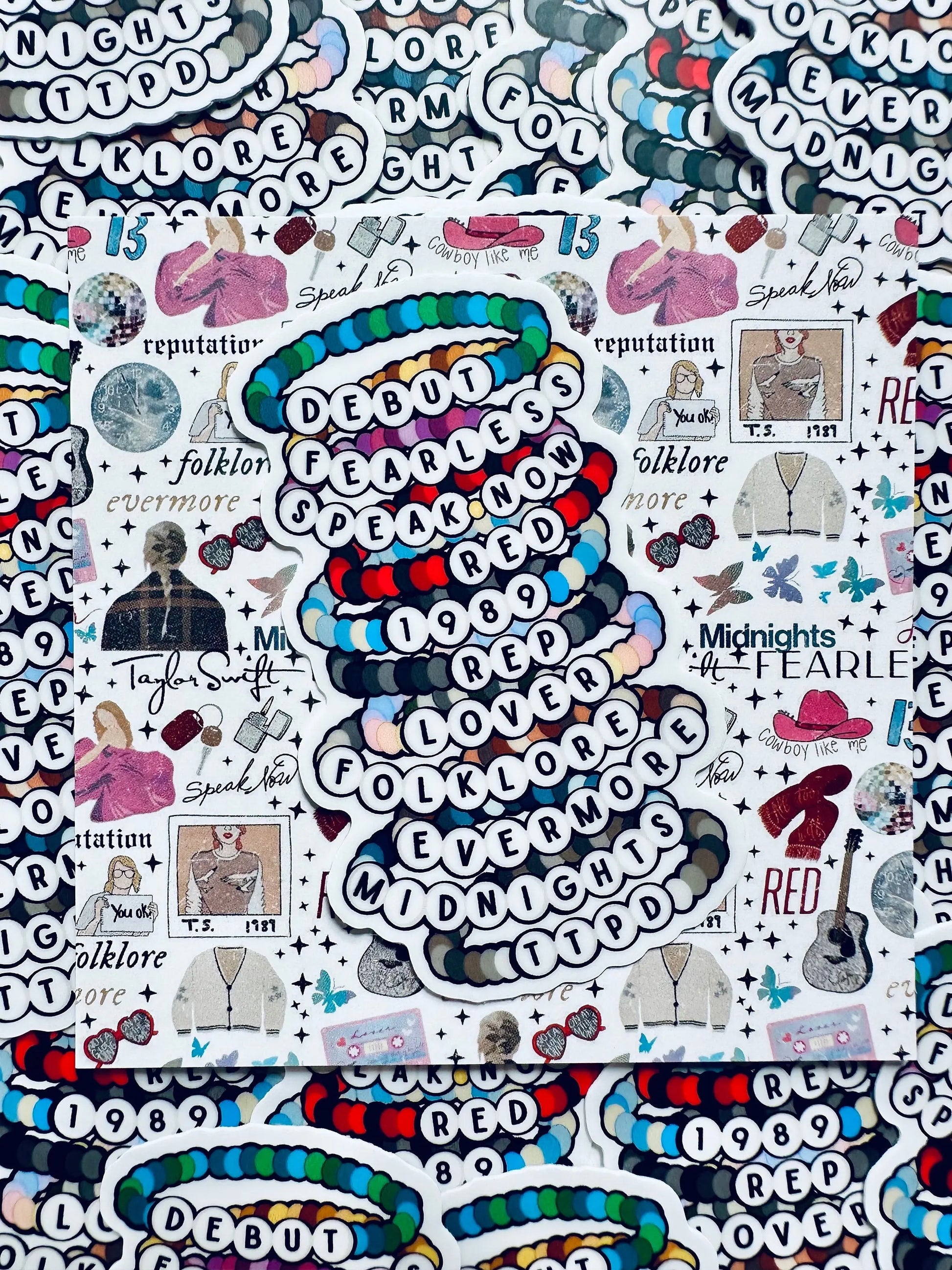 Swift Inspired, Album Friendship Bracelet Sticker, TTPD, Midnights,Folklore, Lover, Reputation, 1989, Red Sticker, Eras Weatherproof Sticker maedaymaedaymaeday