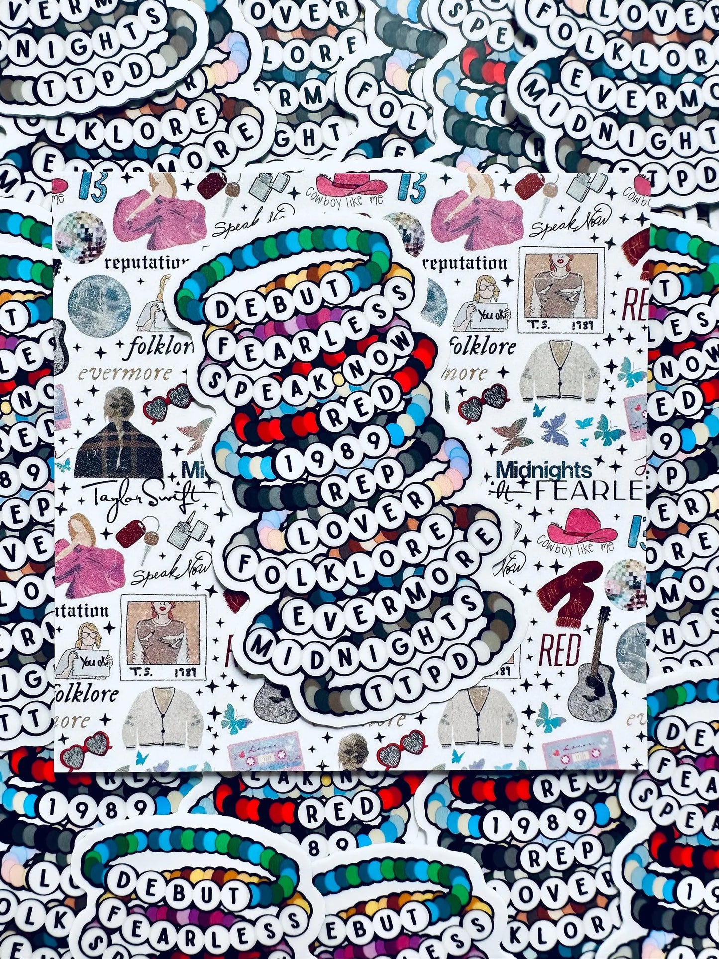 Swift Inspired, Album Friendship Bracelet Sticker, TTPD, Midnights,Folklore, Lover, Reputation, 1989, Red Sticker, Eras Weatherproof Sticker maedaymaedaymaeday