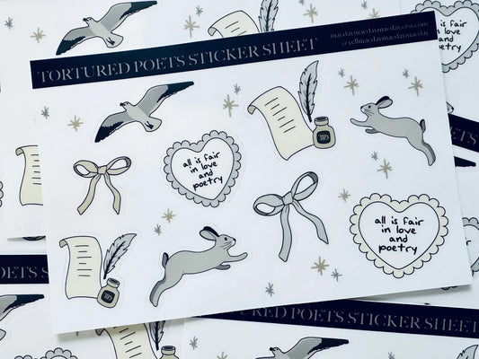 TTPD Inspired Sticker Sheet, Tortured Poets, All is fair in Love and Poetry, Albatross, Hare, TTPD Waterproof Sticker, Planning & Journaling maedaymaedaymaeday