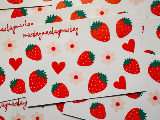 Waterproof Coquette Strawberry, Flower and Heart Sticker Sheet, Strawberry Summer, Dainty Trendy Aesthetic, Planning & Journaling Stickers maedaymaedaymaeday