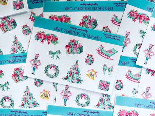 Waterproof Preppy Christmas Sticker Sheet, Nutcracker, Minty Floral Christmas, Pink and Green Christmas Sticker, Holiday Croquette Aesthetic maedaymaedaymaeday