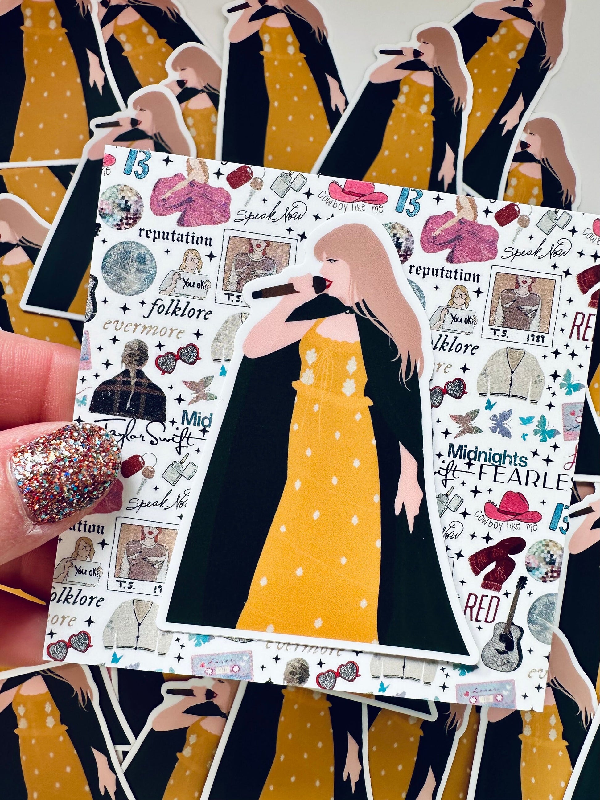 Green Cape & Orange Dress Permanent Sticker, Pop Culture Queen Eras Outfit Green Cape & Orange Dress Permanent Sticker, Pop Culture Queen Eras Outfit
