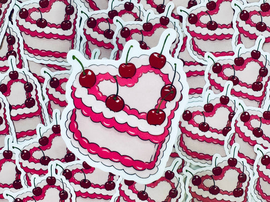 Pink Heart Cake Sticker, Cherry on Top Sticker maedaymaedaymaeday